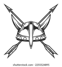 Viking Helm und Vintage Jagd Pfeil in monochromen Stil einzelne Vektorgrafik. Design-Element für Zeichen, Zeichen und Embleme