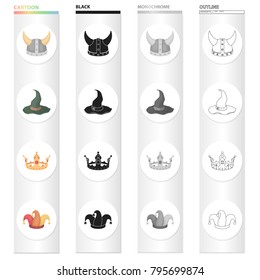 Viking helmet, wizard's hat, crown, jester's cap. Hats set collection icons in cartoon black monochrome outline style vector symbol stock illustration web.