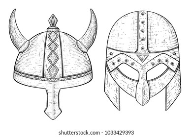 Viking helmets. Hand drawn sketch. Vector illustration isolated on white background