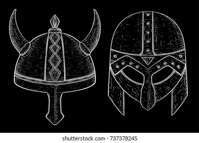 Viking helmets. Hand drawn sketch. Vector illustration on black background