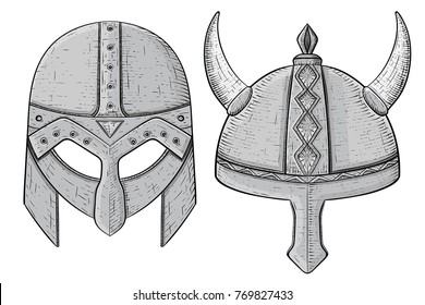 Viking helmets. Hand drawn sketch white background. Vector illustration