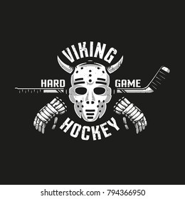 Viking hockey logo with a retro goalkeeper mask with horns, stick and gloves. Grunge texture on separate layer and can be disabled.