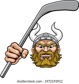 A viking hockey sports mascot cartoon character holding a stick