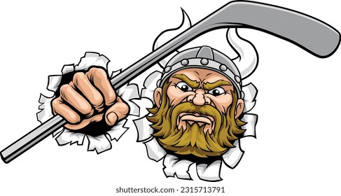 A viking hockey sports mascot cartoon character holding a stick