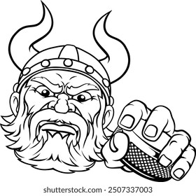 A viking hockey sports mascot cartoon character holding a puck