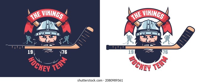 Viking hockey team emblem. Hockey logo with viking head wearing helmet. Vector illustration.