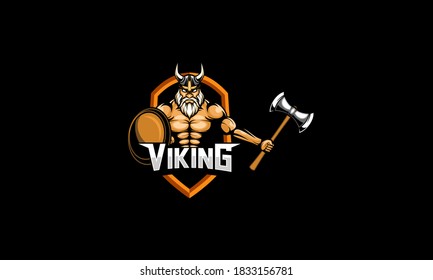 Viking hold axe and shield mascot template, viking esport logo gaming