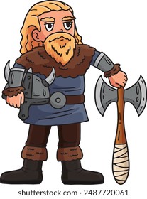 Viking Holding an Axe and Helmet Cartoon Clipart