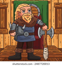 Viking Holding an Axe and Helmet Colored Cartoon