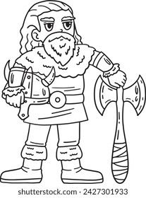 Viking Holding an Axe and Helmet Isolated Coloring