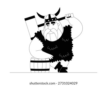 Ein Wikinger, der einen großen Hammer beiläufig hält, während er sich auf ein Fass lehnt, Cartoon-Vektorgrafik.
