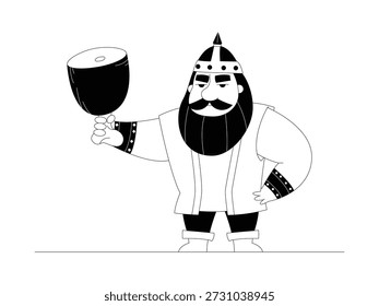 Ein Wikinger mit Fleisch mit großen Knochen, Cartoon, Vektorgrafik.