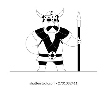 Un vikingo sosteniendo una lanza con una expresión plana, Ilustración vectorial de dibujos animados.