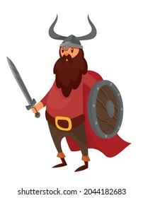 Viking holding sword and shield. Scandinavian character in cartoon style.