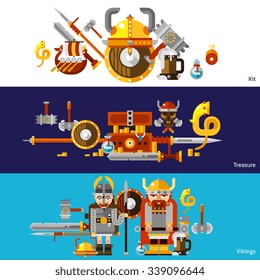 Viking horizontal banners set with kit and treasure symbols flat isolated vector illustration 