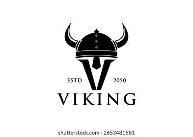 Viking horned head war helmet logo design, vector illustration, black and white silhouette.