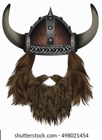 Viking In  Horned Helmet . Man With Beard .
