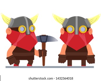 Viking in horned helmet with red beard isolated on white background. Bright Viking with a pickaxe. All elements are separated.