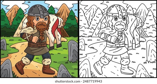 Viking with Hunt Coloring Page Illustration