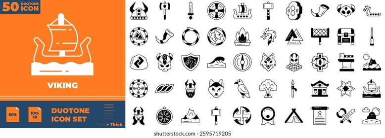 Viking icon set. Containing Viking Hammer And Ax, Bat,and more. Duotone vector icons collection.