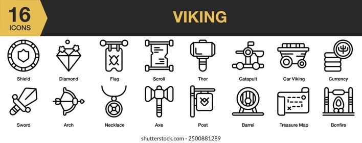 Viking icon set. Includes car viking, sword, thor, scroll, flag, catapult, and More. Outline icons vector collection.