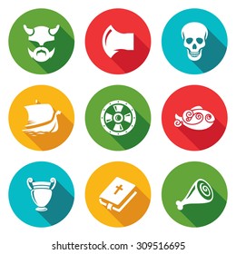 Viking Icons Set. Vector Illustration. Isolated Flat Icons collection on a color background for design