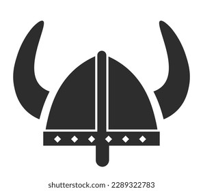 Viking iron or metal helmet with animal horns. Horned headpiece for protection in war and battlefield. Medieval or ancient warrior or knight equipment isolated monochrome icon. Vector in flat style