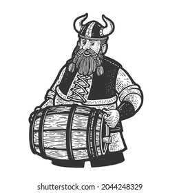 viking with a keg of beer sketch engraving vector illustration. T-shirt apparel print design. Scratch board imitation. Black and white hand drawn image.