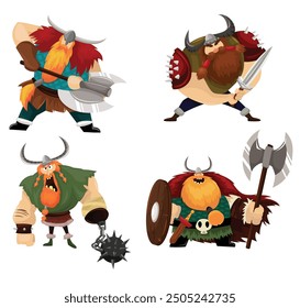 Viking knight icons colored cartoon characters sketch