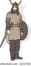 Viking Knight Male Warrior with Beard Sword Shield and Horned Helmet Vector Illustration Art Isolated