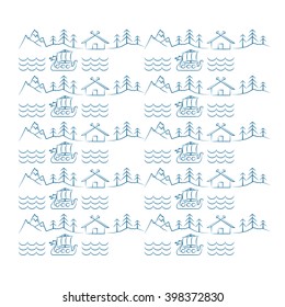 Viking life pattern. Sailing, ocean, house, hills, trees