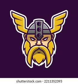 Viking Logo Design. Nordic Warrior Symbol. Horned Norseman Emblem. Barbarian Man Head Icon
