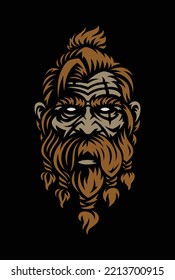 Viking Logo Design. Nordic Warrior Symbol. Barbarian Man Head In Black Background