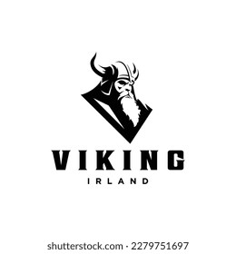 Viking logo design. Nordic warrior symbol. Horned Norseman emblem. Barbarian man head icon with horn helmet