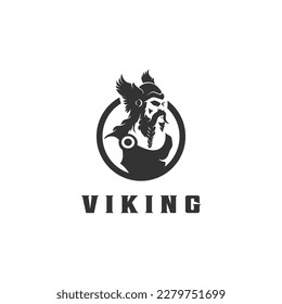 Diseño del logo de Viking. Símbolo nórdico de guerrero. Emblema de Norseman de cuernos. Icono de cabeza de hombre bárbaro con casco de cuerno