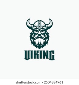 Viking logo design. Nordic warrior symbol. Barbarian man head icon with horn helmet and beard.