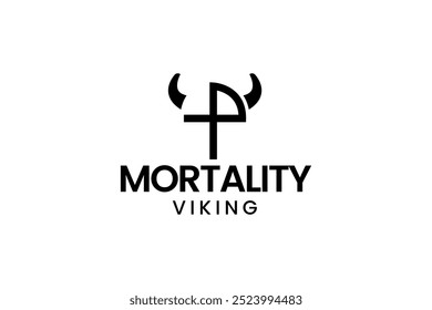 Viking logo design. Nordic warrior symbol. Horned Norseman emblem. Barbarian man head icon with horn helmet and beard.