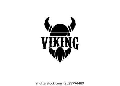 Design do logotipo da Viking. Símbolo de guerreiro nórdico. O emblema da Norseman. Ícone de cabeça de homem bárbaro com capacete de chifre e barba.