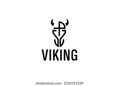 Design do logotipo da Viking. Símbolo de guerreiro nórdico. O emblema da Norseman. Ícone de cabeça de homem bárbaro com capacete de chifre e barba.