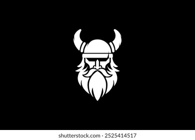 Design do logotipo da Viking. Símbolo de guerreiro nórdico. O emblema da Norseman. Ícone de cabeça de homem bárbaro com capacete de chifre e barba.