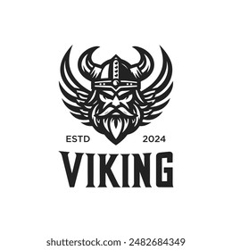 Viking Logo Design Template. Nordic Warrior Symbol. Horned Norseman Coat of Arms. Icon of Barbarian Man Head with Helmet Horns and Beard. Brand Identity Vector Illustration.