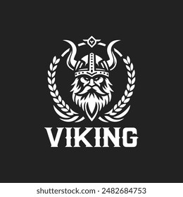 Viking Logo Design Template. Nordic Warrior Symbol. Horned Norseman Coat of Arms. Icon of Barbarian Man Head with Helmet Horns and Beard. Brand Identity Vector Illustration.