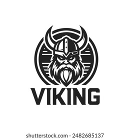 Viking Logo Design Template. Nordic Warrior Symbol. Horned Norseman Coat of Arms. Icon of Barbarian Man Head with Helmet Horns and Beard. Brand Identity Vector Illustration.