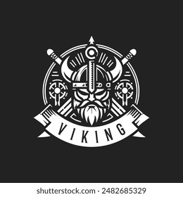 Viking Logo Design Template. Nordic Warrior Symbol. Horned Norseman Coat of Arms. Icon of Barbarian Man Head with Helmet Horns and Beard. Brand Identity Vector Illustration.