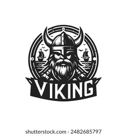 Viking Logo Design Template. Nordic Warrior Symbol. Horned Norseman Coat of Arms. Icon of Barbarian Man Head with Helmet Horns and Beard. Brand Identity Vector Illustration.