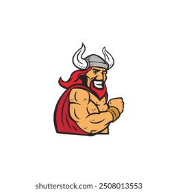 Viking logo design wears a helmet and red clothes and has a sturdy body