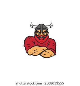 Viking logo design wears a helmet and red clothes and has a sturdy body