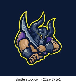 viking logo mascot design vector con moderno estilo de concepto de ilustración. ilustración visual con una espada en la mano para apoyar 