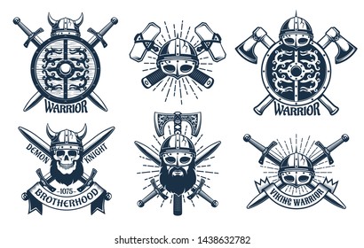 Viking logo set in retro stamp style. Heraldic emblems with warriors and viking weapons. Vector vintage illustration.