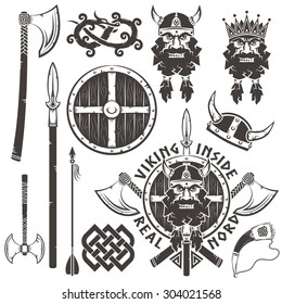  Viking logo, tattoo with warrior head, crossed axes, spear and shield. Set of elements for emblem - arrow, king, horned helmet, horn, dragon.